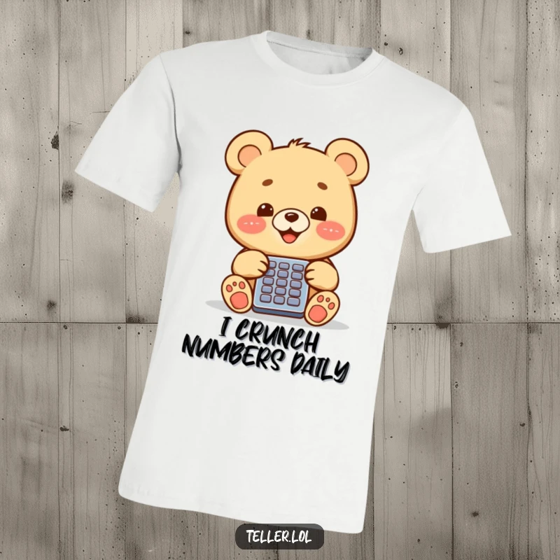 Funny happy bear cub operating a calculator, printed on a soft, comfortable t-shirt, bringing smiles.