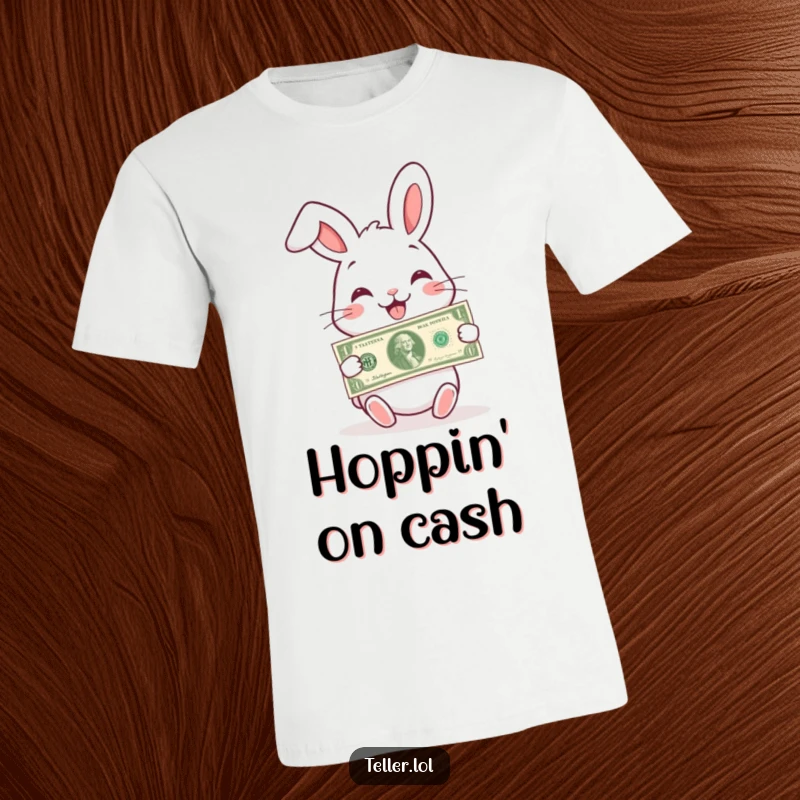 Funny t-shirt depicting a charming rabbit with a big smile, offering a banknote to someone.