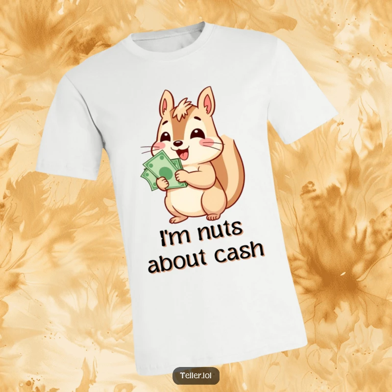 Funny t-shirt depicting a cheerful squirrel character joyfully counting a large stack of bills, embodying entrepreneurial spirit and humor.