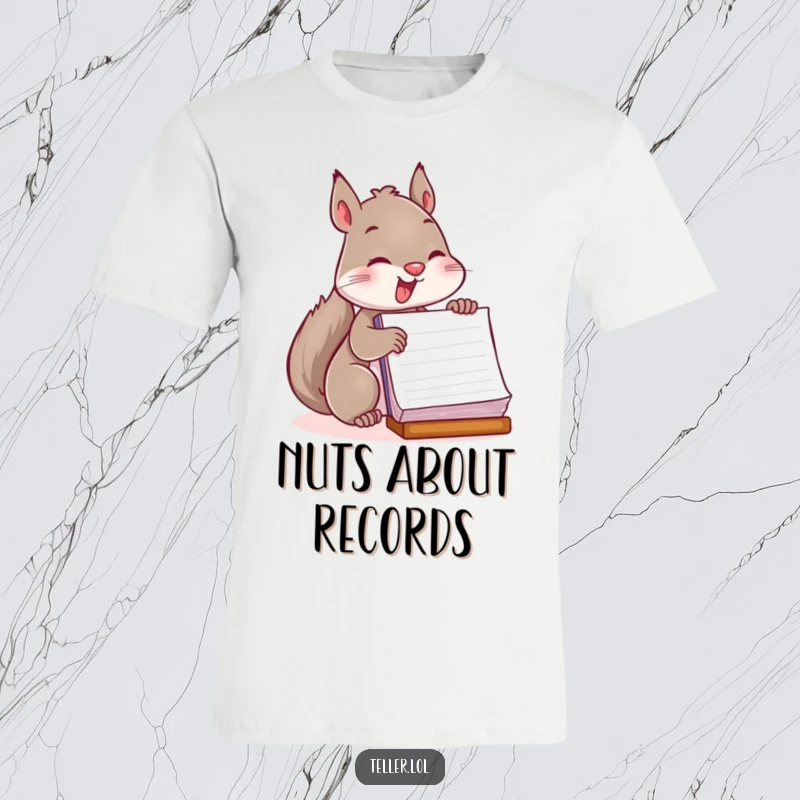 Funny t-shirt depicting a playful squirrel energetically stamping a large ledger with a determined and happy demeanor.