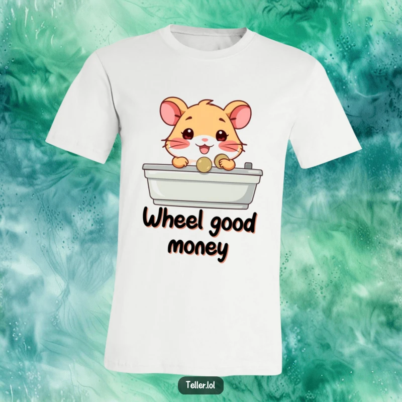 Funny t-shirt featuring a happy hamster character as a cashier, presenting a coin with a determined yet adorable demeanor.