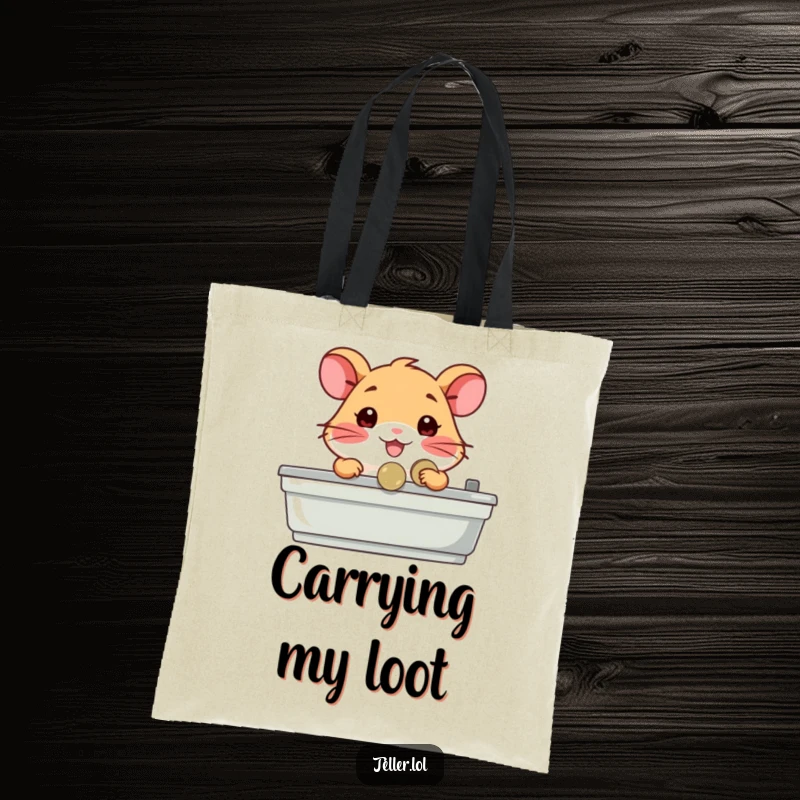 Funny tote bag illustrating a happy hamster character behind a counter, handing over a coin, symbolizing commerce and cute diligence.