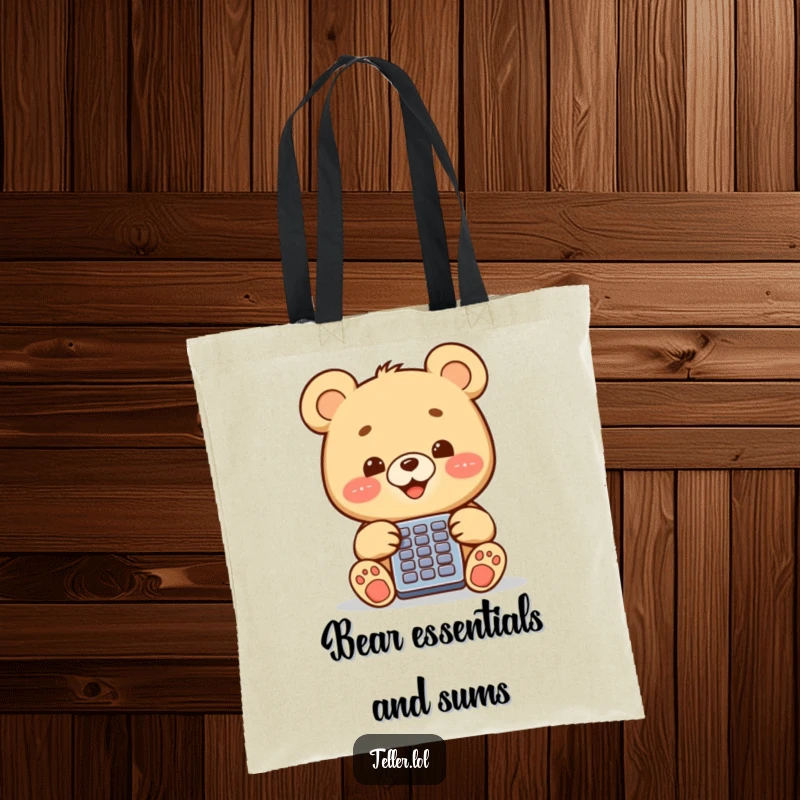 Funny happy bear cub diligently working on a calculator, showcased on a sturdy, stylish tote bag.