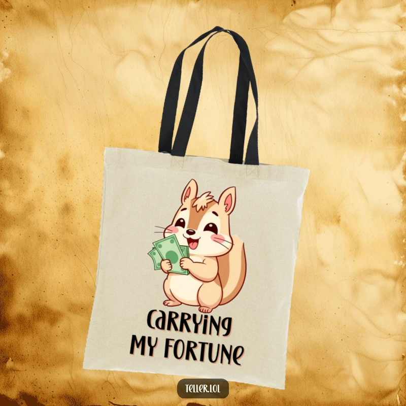 Funny tote bag illustrating a cheerful squirrel character counting a stack of bills, symbolizing wealth and happy accumulation.
