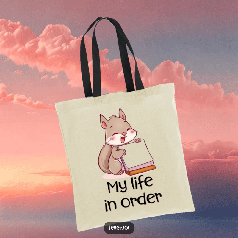 Funny tote bag showcasing a playful squirrel enthusiastically stamping a large ledger, ideal for carrying items.