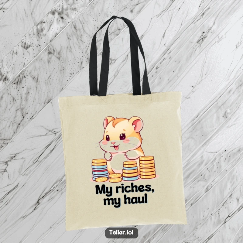 Funny tote bag showcasing a cute hamster cub happily counting piles of colorful coins, great for shopping.